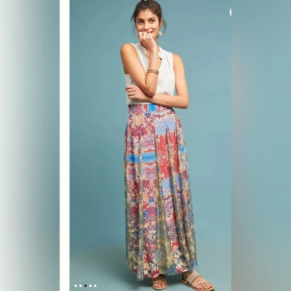 Anthropologie Hemant & Nandita Red Gold Blue Floral Louvre Maxi Skirt SZ L